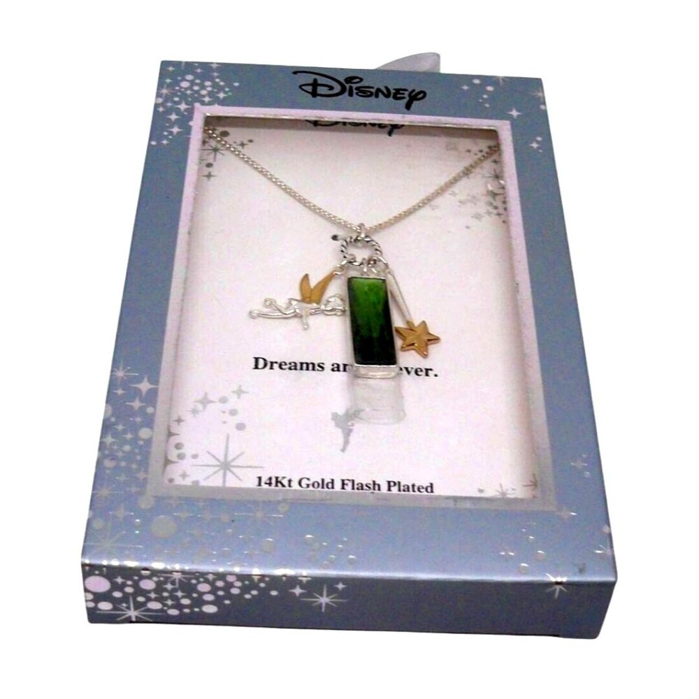 Disney Tinker Bell Necklace 14Kt Gold Flash Plated Charms Crystal Pendant In Gif